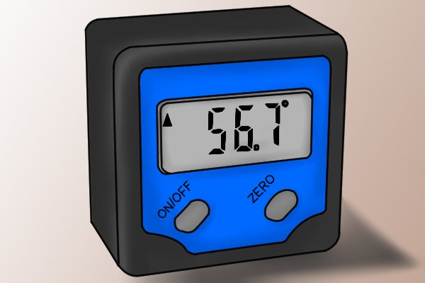 A digital angle gauge with two buttons: "on/off" and "zero"