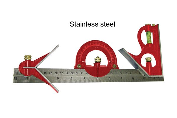 A representation of the fact that combination square sets can have stainless steel rules; square head, centre head, protractor head, rule, ruler, blade