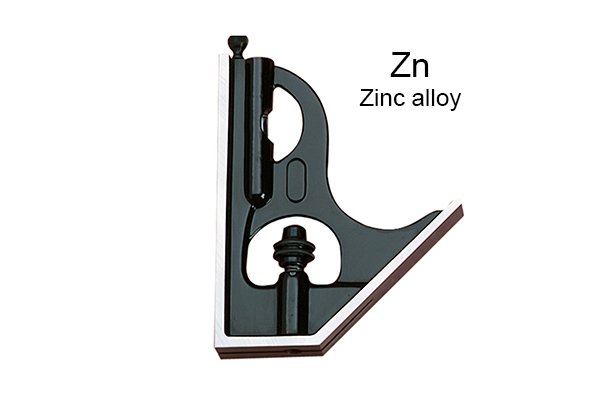 A representation of the fact that combination square sets can have zinc alloy heads; square head, centre head, protractor head, rule, ruler, blade