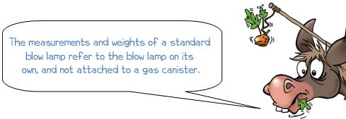 Wonkee Donkee says "The measurements and weights of a standard  blow lamp refer to the blow lamp on its  own, and not attached to a gas canister"