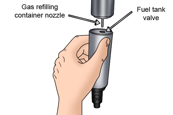 Refilling a standard blow lamp fuel tank valve with a gas refill container nozzle
