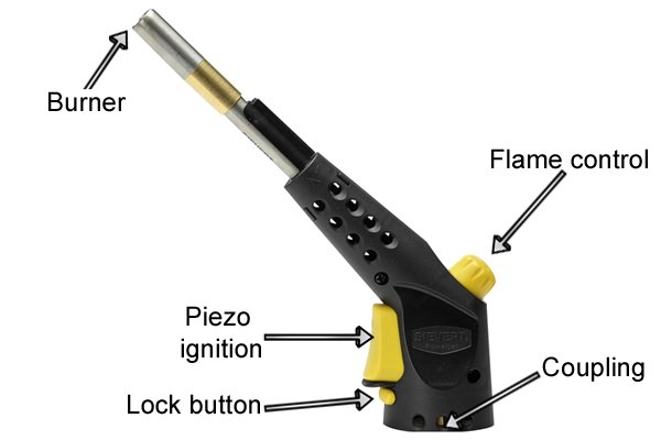 Parts of a standard blow lamp: burner, ignition, coupling, flame control and lock button