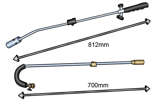 Lengths of two garden blow lamps 700mm and 812mm
