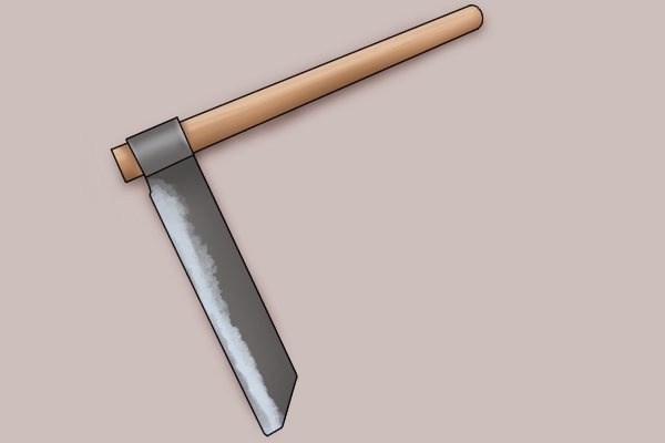 Image of a froe, a tool used for shearing large chunks off wooden logs