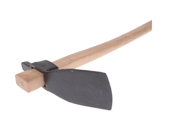 Image of a long handled adze with a flat blade, a suitable tool for felling trees