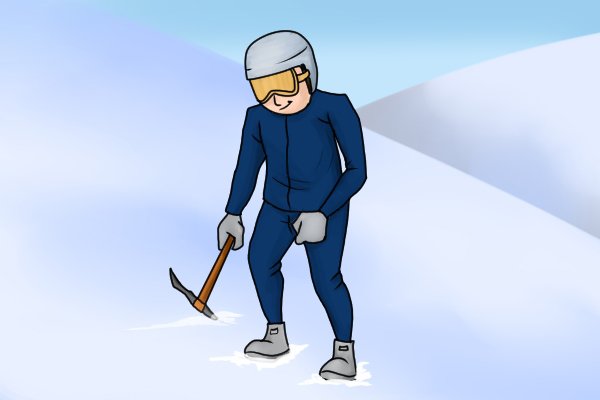Image of a mountaineer standing in the right stance for cutting ice steps uphill