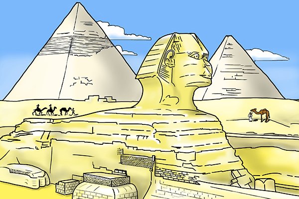 A sphinx with a pyramid in the background