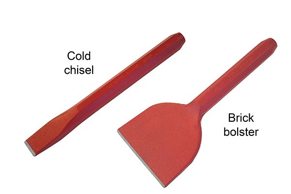 A red cold chisel (left) and a red brick bolster (right)