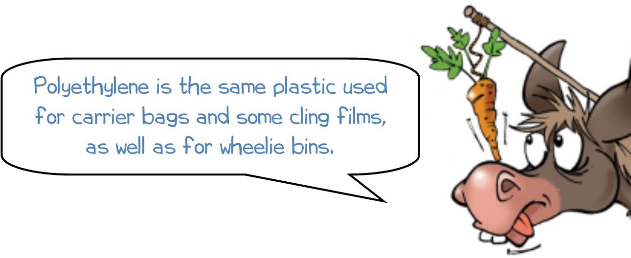 Polyethylene is the same plastic used for carrier bags and some cling films, as well as for wheelie bins. bubble donkee