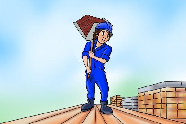 workman carrying a fully loaded brick hod