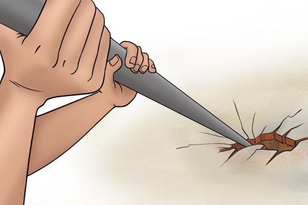 The pointed end of a chisel and point crowbar breaking through concrete - Illustration by Alec Mcleod