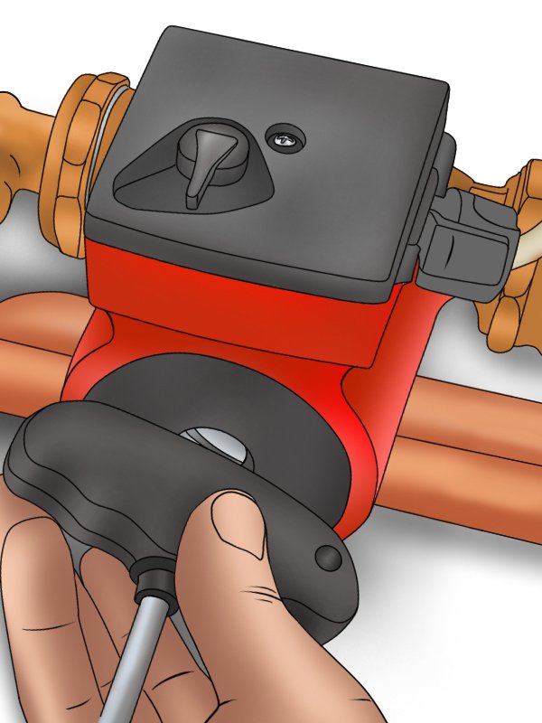 Image of a DIYer bleeding their boiler pump with the flat bit mounted in the head of a boiler key multitool