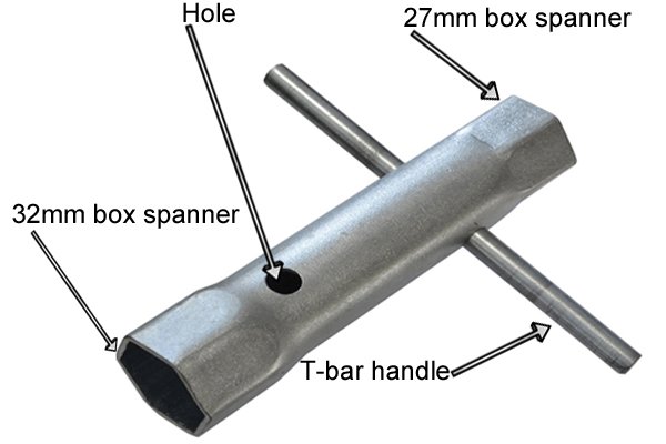 Box spanner tap wrench, 323F Tap Back Nut Box Spanner Monument tap back nut box spanner which is double ended, for quick assembly of tap back nuts on basins. Size: 27 and 32mm. Technical Specs Size: 27 and 32mm.