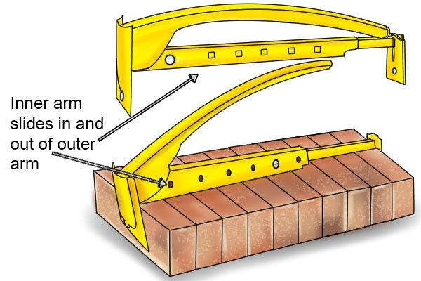 The main body of a pair of brick tongs consists of two tubes constructed from steel. One tube is fixed, while the other is able to slide back and forth over it, increasing or decreasing the length of the tongs.