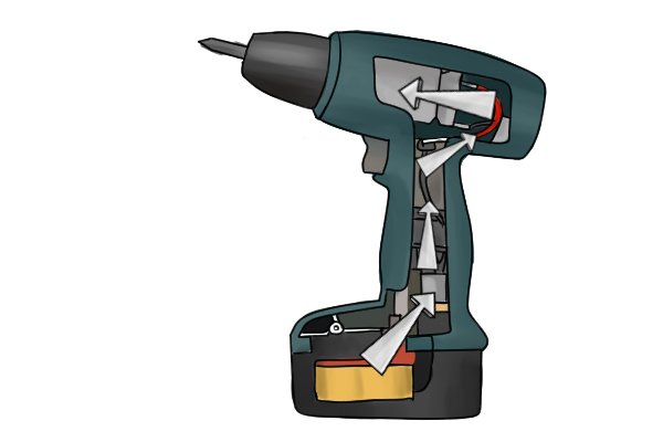 Cordless drill with exposed interior with red arrows showing the direction of the electrical current 