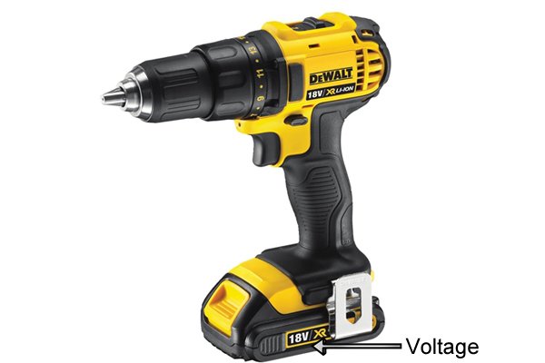 Voltage labelled on the side of a yellow cordless drill driver 18 volts