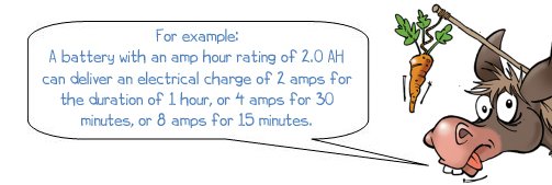 Wonkee Donkee says "For example: A battery with an amp hour rating of 2.0 AH can deliver an electrical charge of 2 amps for the duration of 1 hour, or 4 amps for 30 minutes, or 8 amps for 15 minutes"