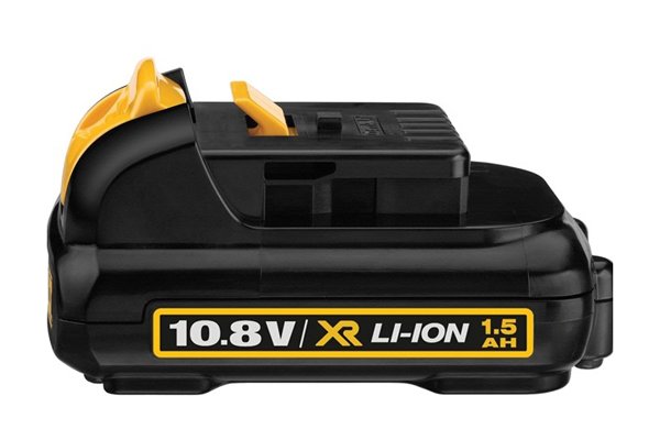 yellow and black 10.8 volt spare cordless drill driver battery with a red circle around the 1.5 AH symbol