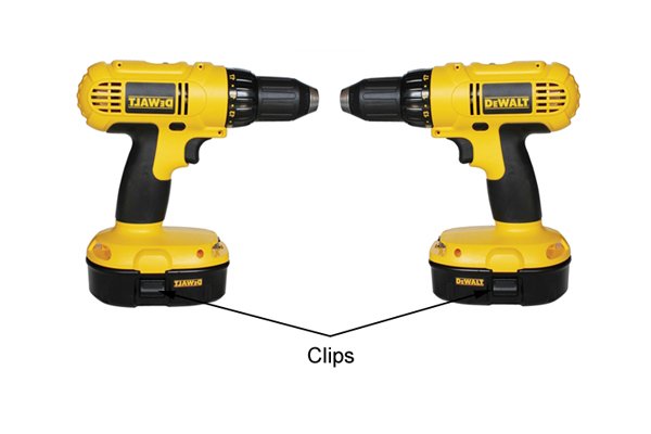 A view of two sides of a yellow cordless drill driver with labelled clips