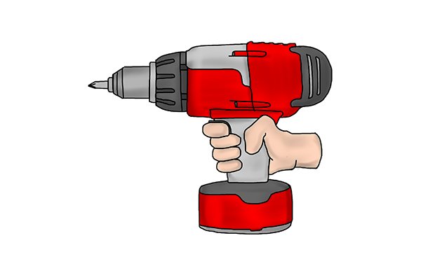 Finger holding the trigger of a yellow cordless drill driver