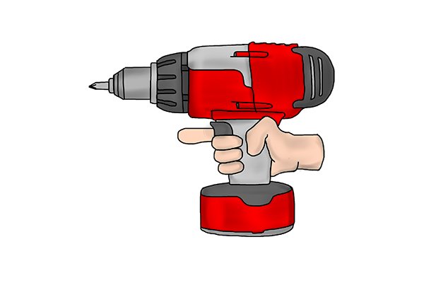 Hand holding a cordless drill driver with the finger off the speed control trigger
