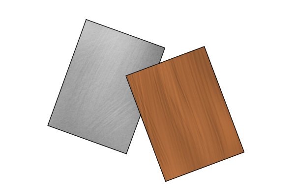 Sheet of silver metal and a piece of hardwood