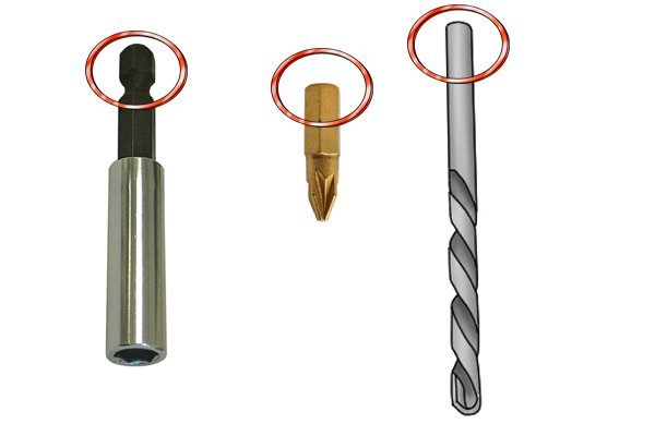 Three different screwdriver bits and bit holders with a circle around their shanks