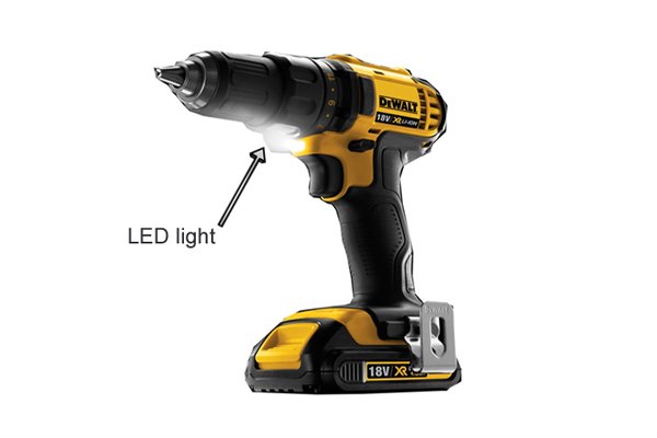 LED light on a yellow cordless drill driver