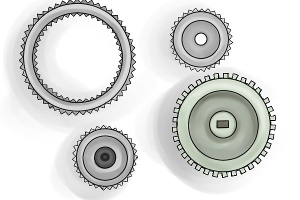 Blue, black and white different sized plastic gears