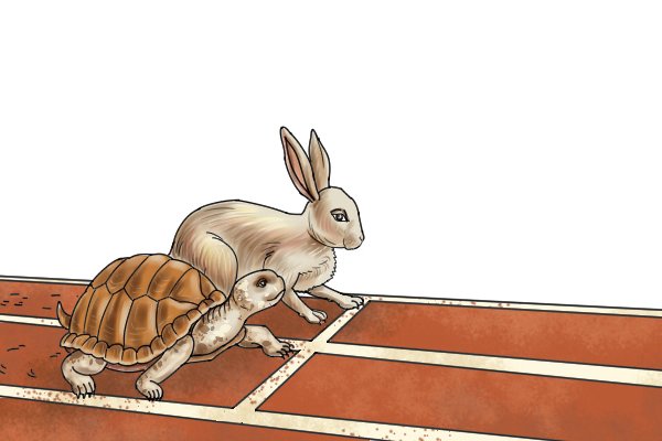 Tortoise and the hare next to each other on the starting line