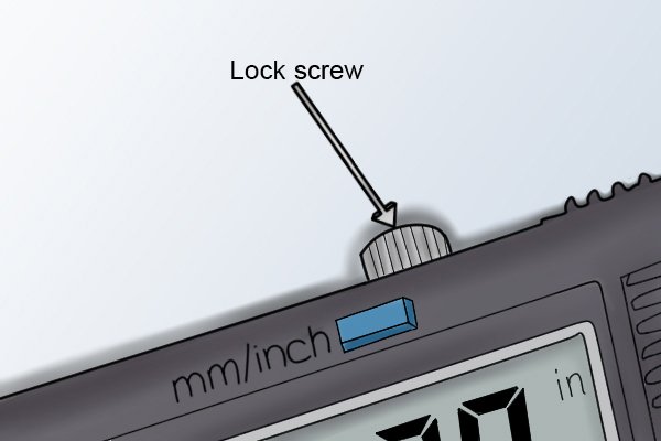 The user can convert their measurements from one measurement system to the other by pressing the mm/ inch button. Lock screw The lock screw secures the jaws into place, so the object you are measuring can be removed, and readings taken. 