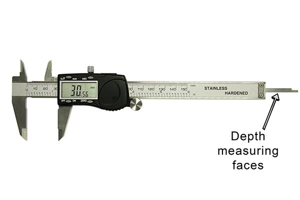 Depth can be measured by inserting the depth rod into the hole you are measuring. When you adjust the jaws using the thumb screw, the rod will protrude from the end of the caliper.