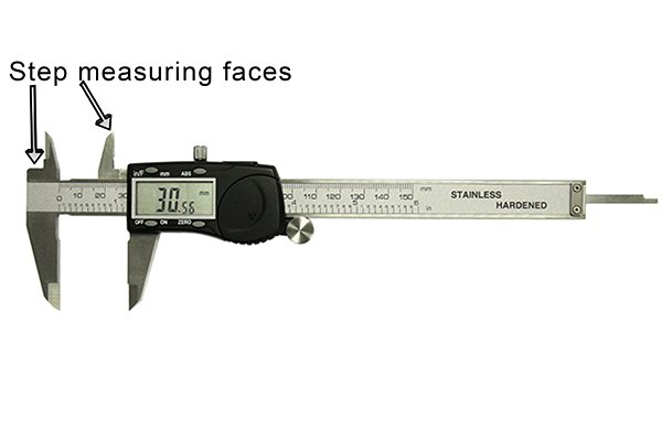 The head of the caliper and the face of the right-hand upper jaw are used to take step measurements.