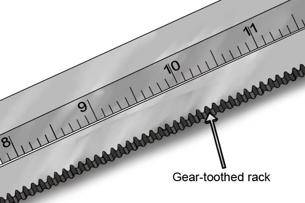 The dial is engaged with a toothed gear rack that runs along the length of the main beam. 