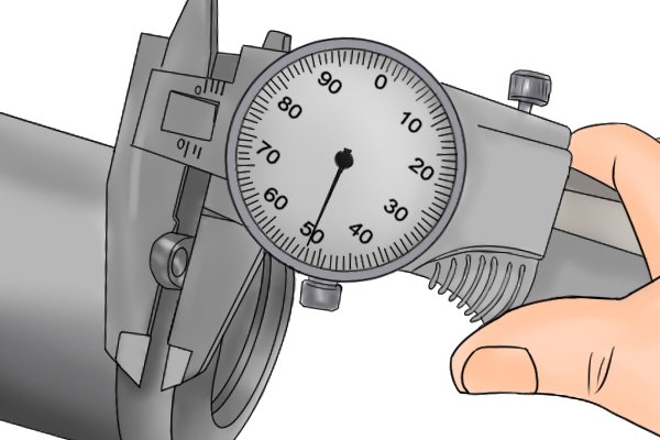 A coating of titanium nitride is applied to parts of some dial calipers. This coating improves the surface properties of the steel, improving the durability of the caliper.
