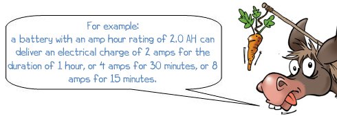 Wonkee Donkee says; For example: a battery with am amp hour rating of 2.0 AH can deliver an electrical charge of 2 amps for the duration of 1 hour, or 4 amps for 30 minutes, or 8 amps for 15 minutes.