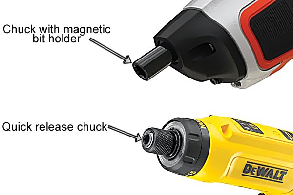 Cordless screwdriver chucks; chuck with magnetic bit holder and quick release chuck