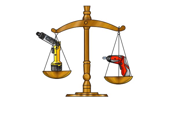 Scales with two cordless screwdrivers to represent the different weights