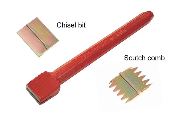 A scutch comb holder with a comb (bottom right) and chisel bit (top left)
