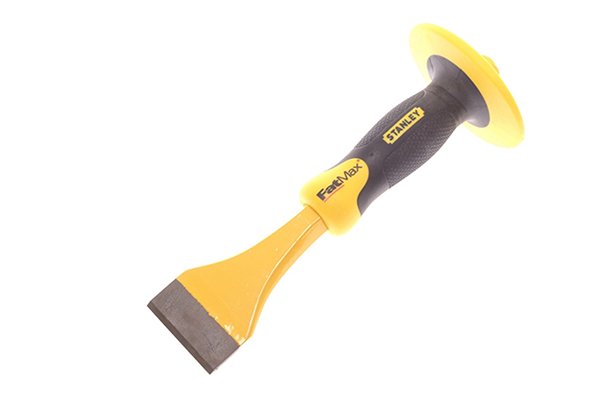 A yellow/black electrician's chisel with guard