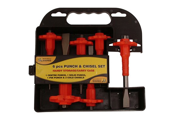 A cold chisel and punch set in a storage case