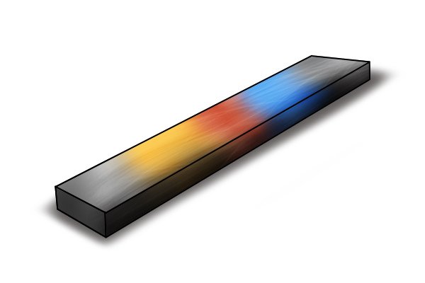 A planing chisel being subjected to differential heat treatment, going left to right through yellow, red and blue
