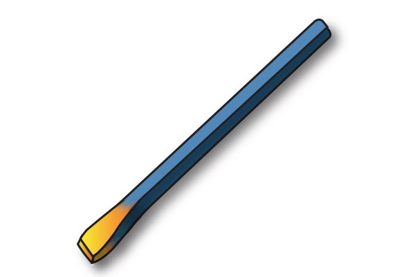 A chisel subjected to differential heat treatment; (from left to right) yellow, red/orange, blue