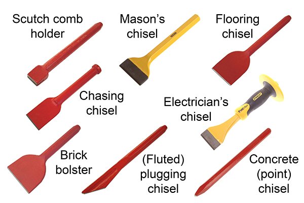 Clockwise from top left: Scutch comb holder, Masons chisel, Flooring chisel, Electricians chisel, Concrete (point) chisel, (Fluted) plugging chisel, Brick bolster, Chasing chisel