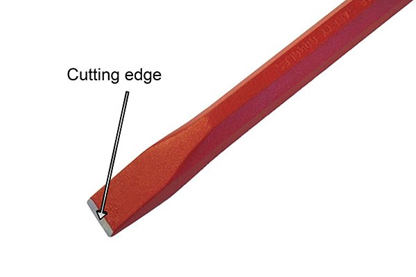 The bottom part of a cold chisel, with the cutting edge labelled