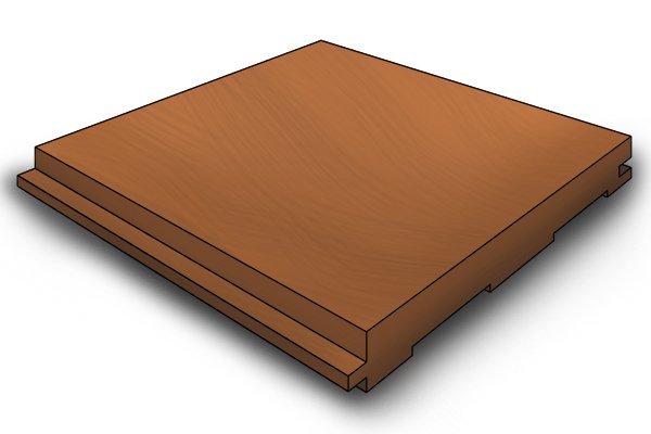 Tongue and groove floorboard with the raised section (the "tongue") on the left side and the recessed groove on the right