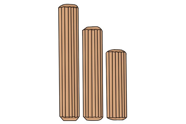 Image of 6mm, 8mm and 10mm dowels which are considered the standard sizes in dowelling