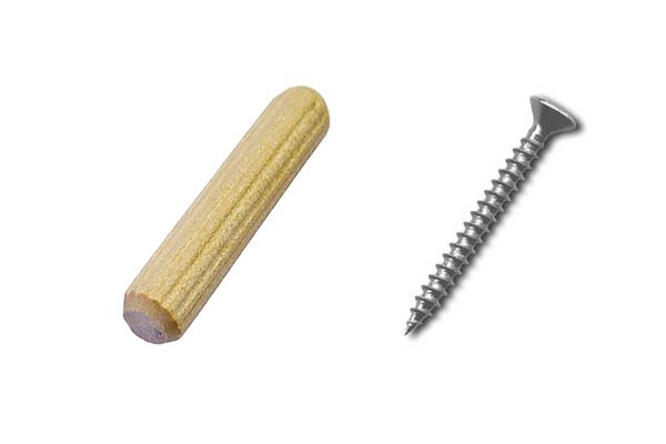 Illustration of a suitable sized dowel measured against a door screw