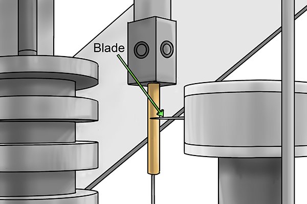 Circular saw blade cutting a dowel rod into dowel pins