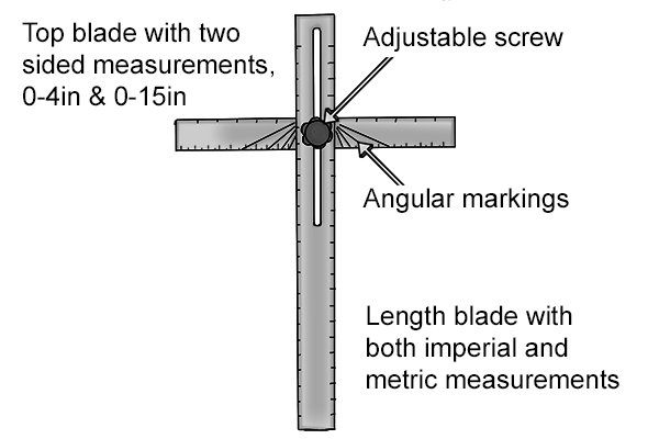 Labelled drywall t square; Top blade with two sided measurements, 0-4inch and 0-15 inch, adjustable screw and length blade with both imperial and metric measurements (0-48inch & 0-122cm)